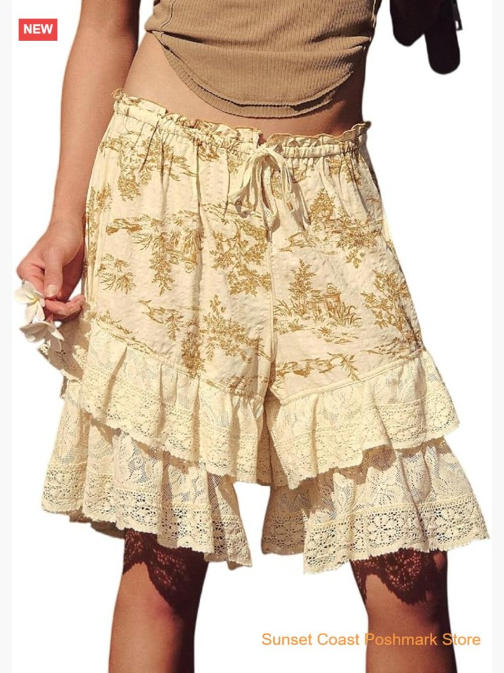 Lace Trim Ruffle Bloomer Shorts Pajama Bottoms Low Rise Drawstring Soft